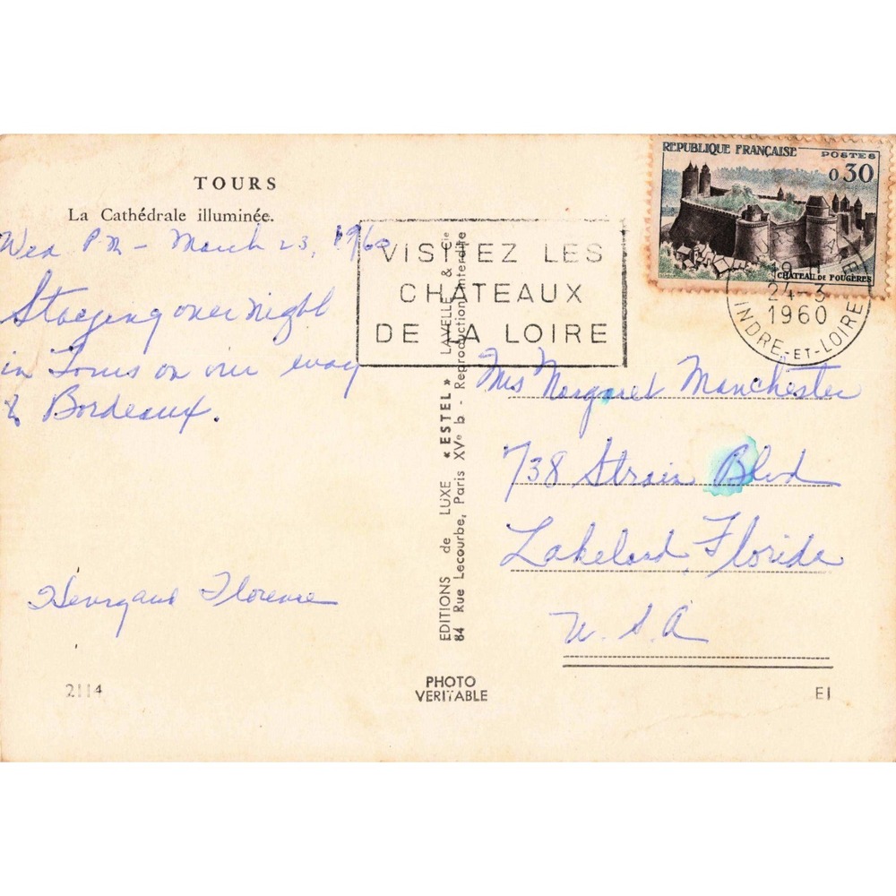 Vintage 1960 Tours Cathedral France Postcard Illuminated Night View Estel 2114 - Picture 2 of 2